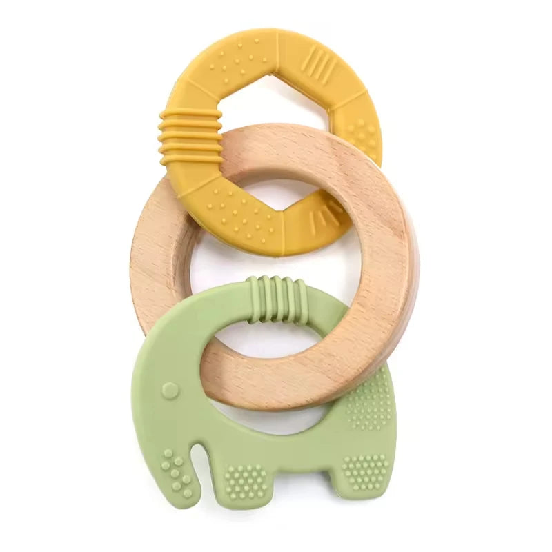 Baby Teething Toys Silicone Wooden Ring Teether BPA Free Cute Elephant Babies Chew Toy for Boys and Girls Newborn Gifts