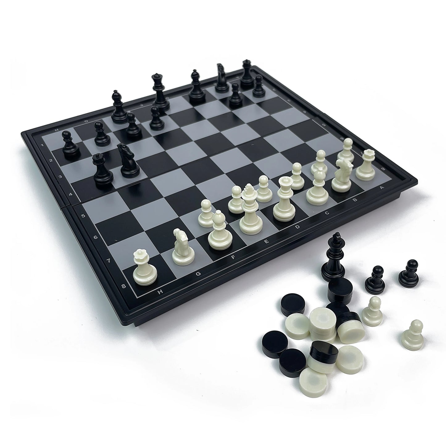 2 in 1 Foldable Magnetic Chess and Checkers Board Game Portable Plastic Chessboard Tabletop Travel Outdoor Game Set