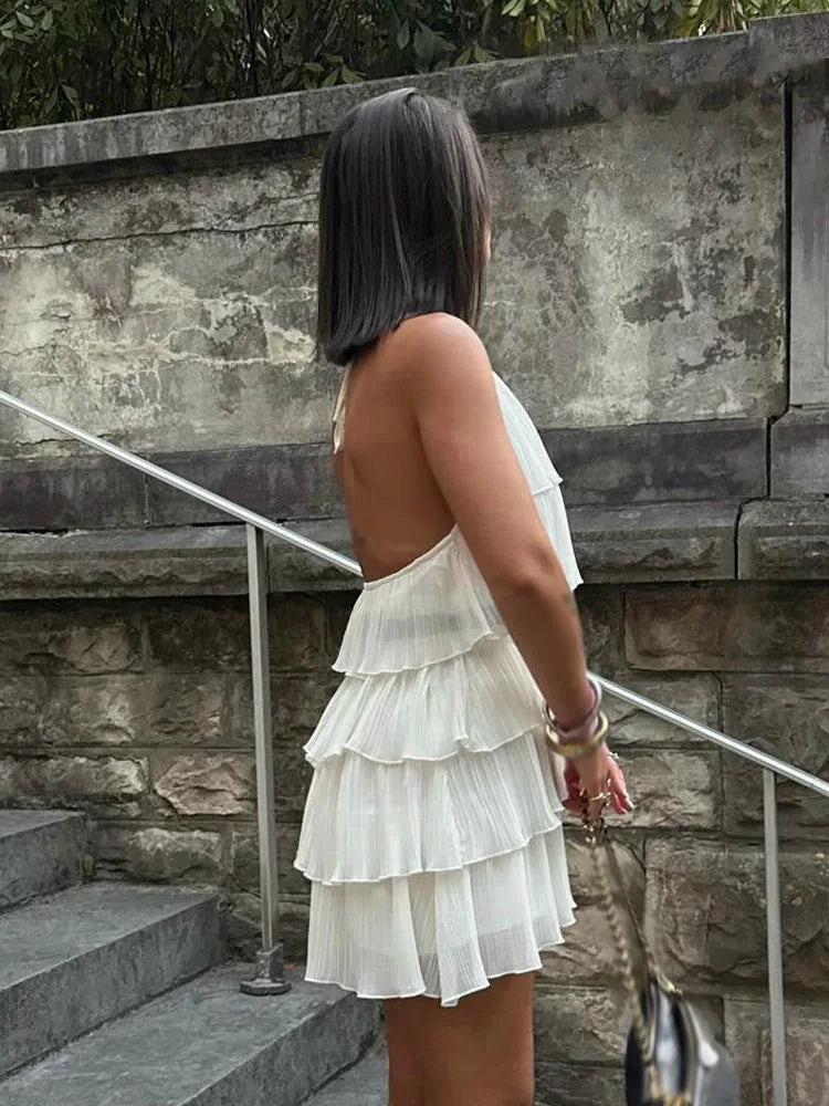 HH Women's Summer New Popular Sweet Laminated Decorative Halter Neck Dress Female Classy Sexy Backless Mini Sleeveless Dress