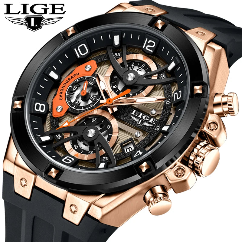 LIGE Luxury Military Men Watch Waterproof Luminous Date Sport Man Wristwatch Chronograph Silicone Strap Quartz Men's Watches