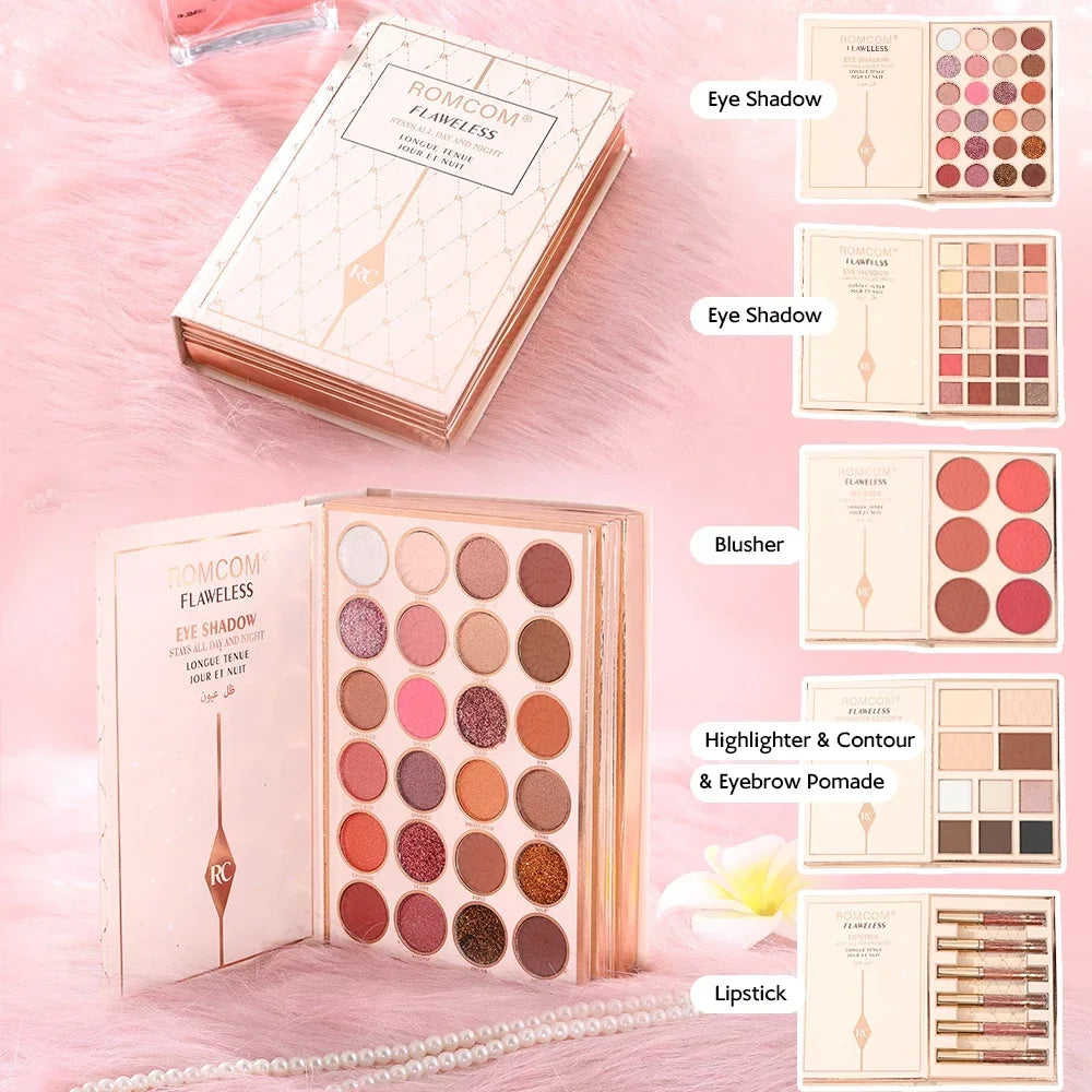 The makeup magic book contains eye shadow, lip gloss, powder blusher highlight, an ideal gift for women in holiday parties