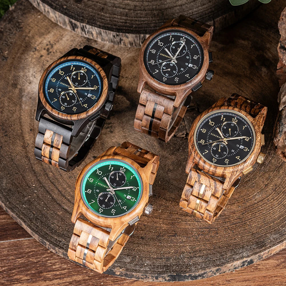 Wooden Watch for Men BOBO BIRD Chronograph Wristwatch with Luminous Hands Wood Watches Anniversary Gift for Him