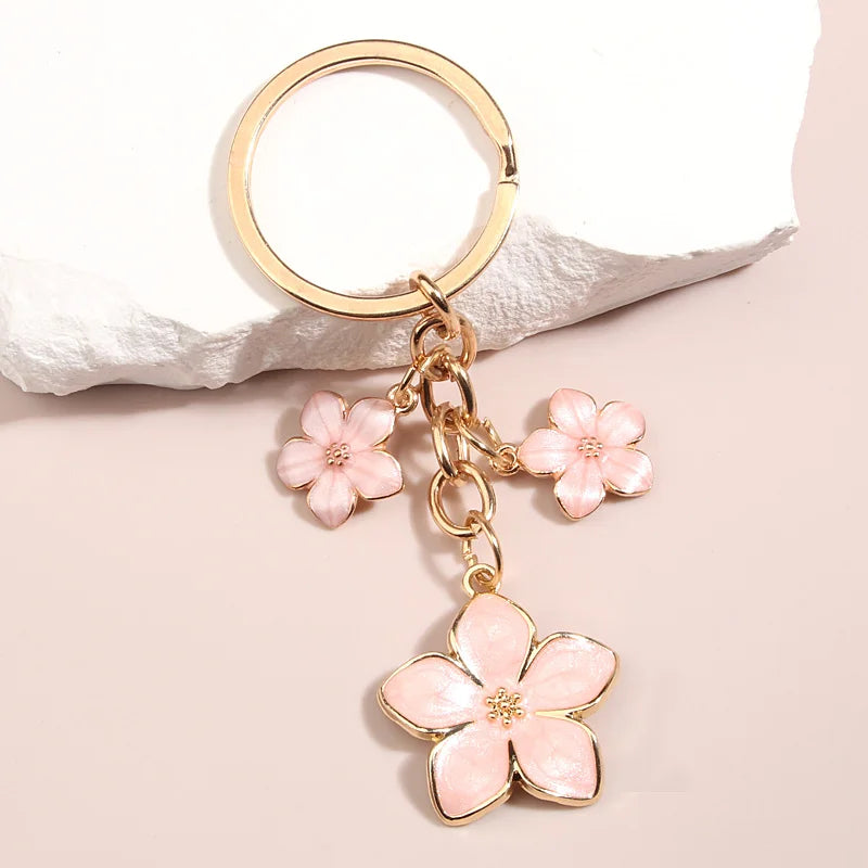 Cute Plant Keychain Sakura Flower Key Ring Enamel Key Chains For Women Girls Handbag Accessorie Car Keys DIY Sweet Jewelry Gifts