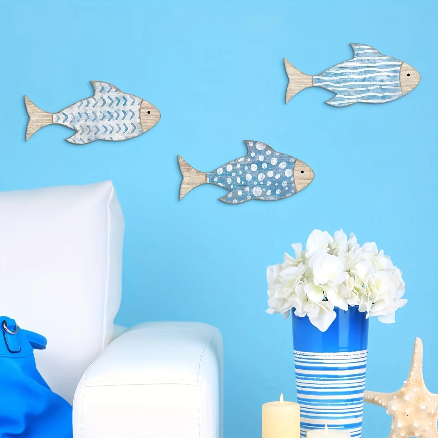2D Wooden Fish Nautical Walls Beach Art Walls Hang Decorated Marine Themed Retro blue Fish Family Bathroom Pendants Gifts