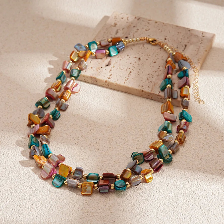 Boho Double-layer Shell Long Necklace for Women Vintage Irregular Beads Necklace Female Summer Vacation Jewelry Holiday Gifts