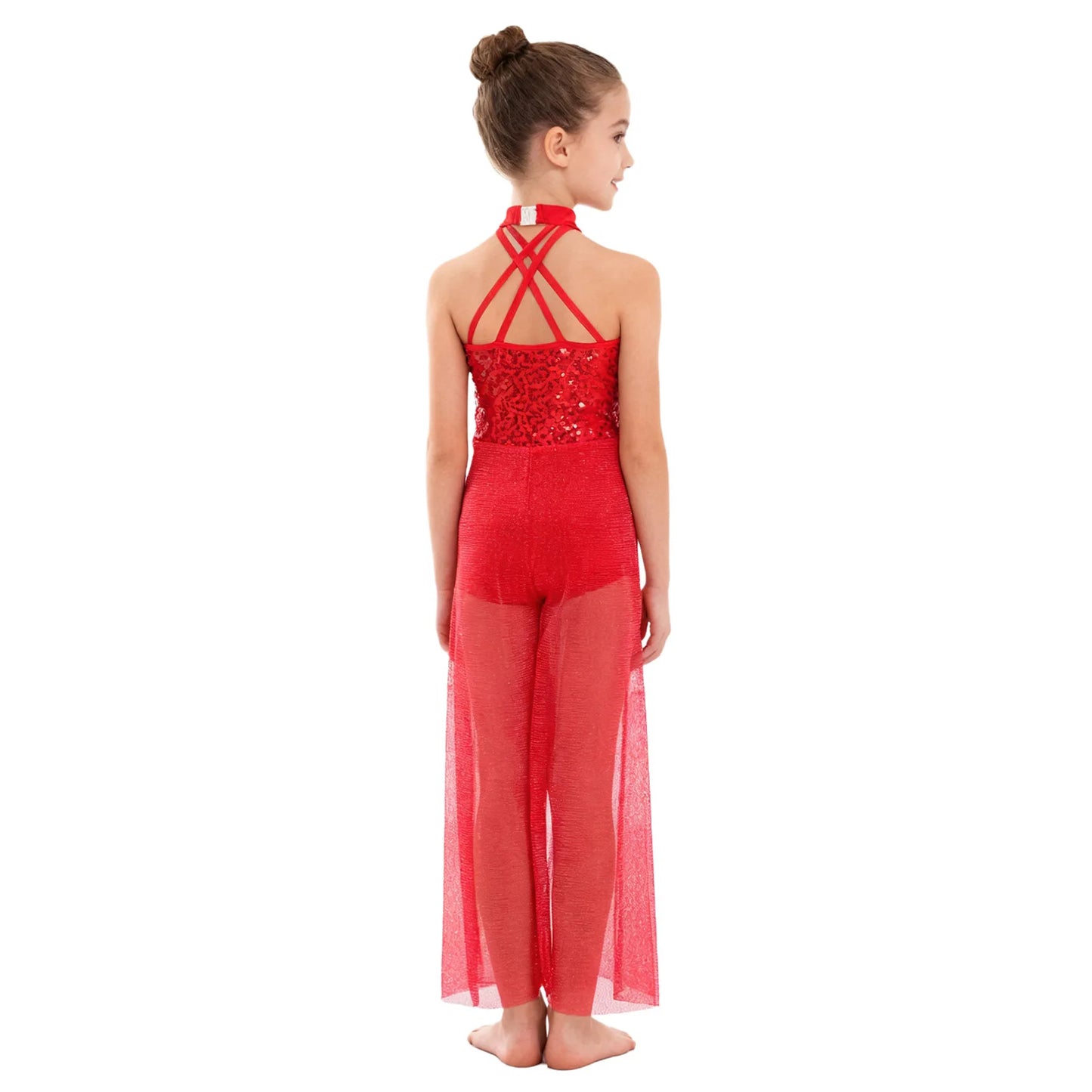 Children Girls Modern Lyrical Dance Jumpsuit Sleeveless Shiny Sequin Mesh Split Ballet Figure Skating Gymnastic Leotard Bodysuit