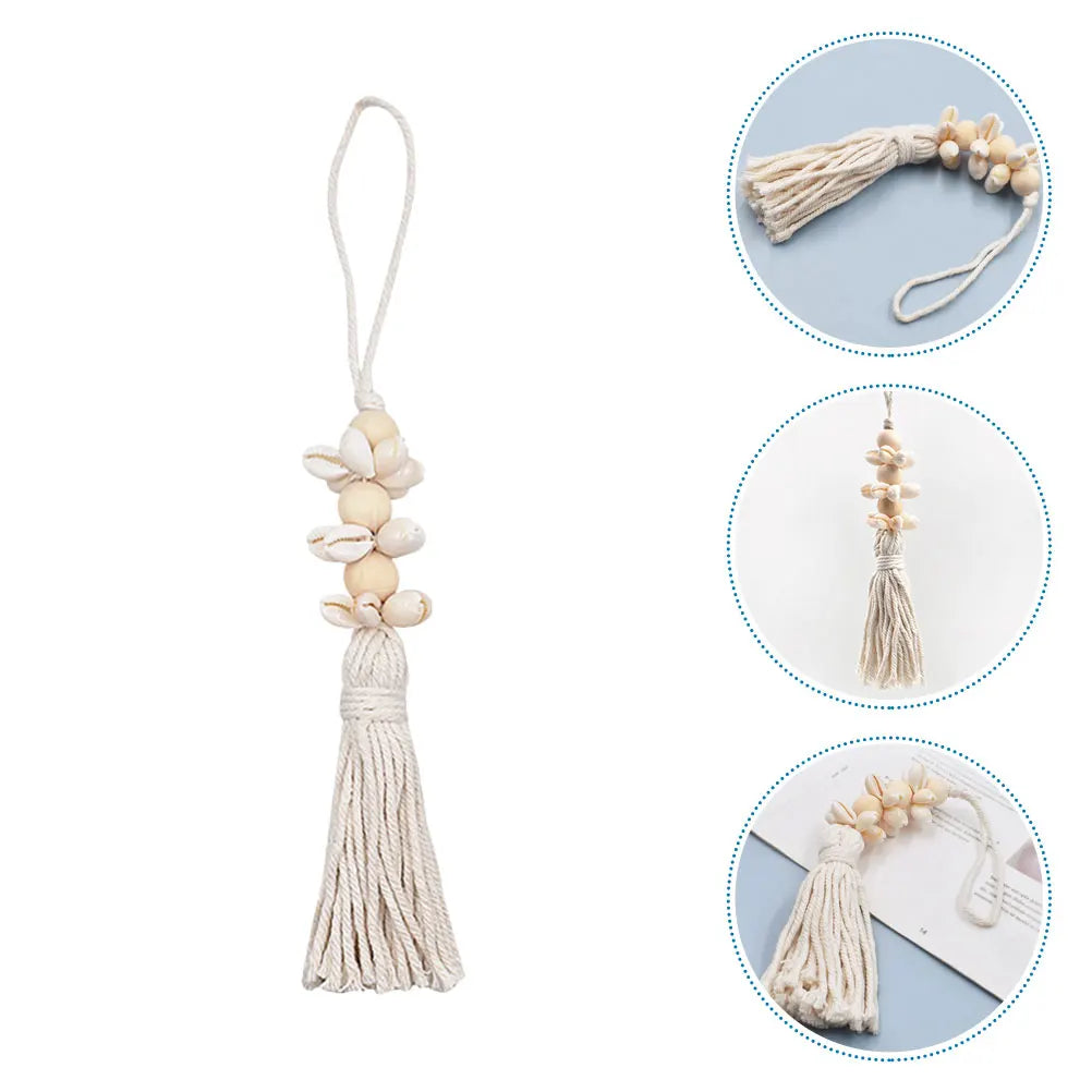 2Pcs Exquisite Boho Seashell Wood Bead String Pendant with Seashells Cotton Tassels Farmhouse Wall Hanging Decor Gifts