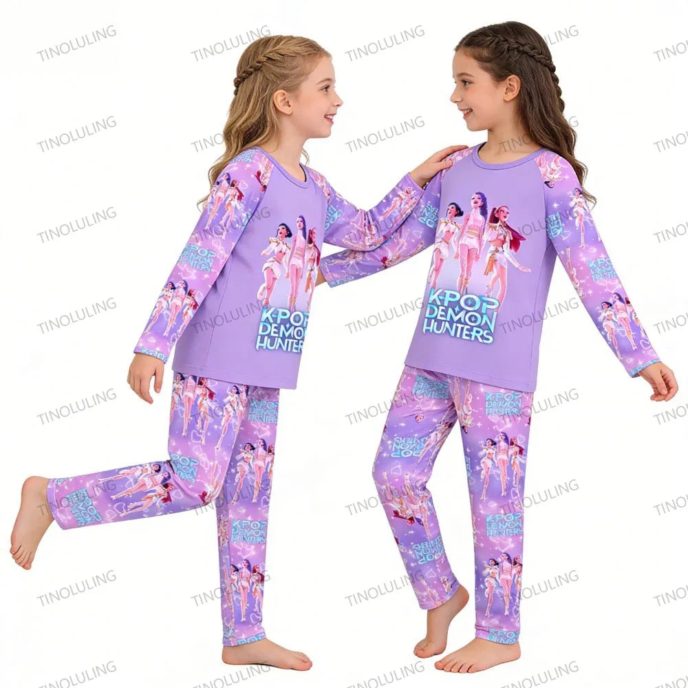 KPop Demon Hunters Huntrix Kids Pajamas Set Long Sleeve Girls Clothing 2pcs Children's Sleepwear Cartoon Boys Nightwear 3-14Y