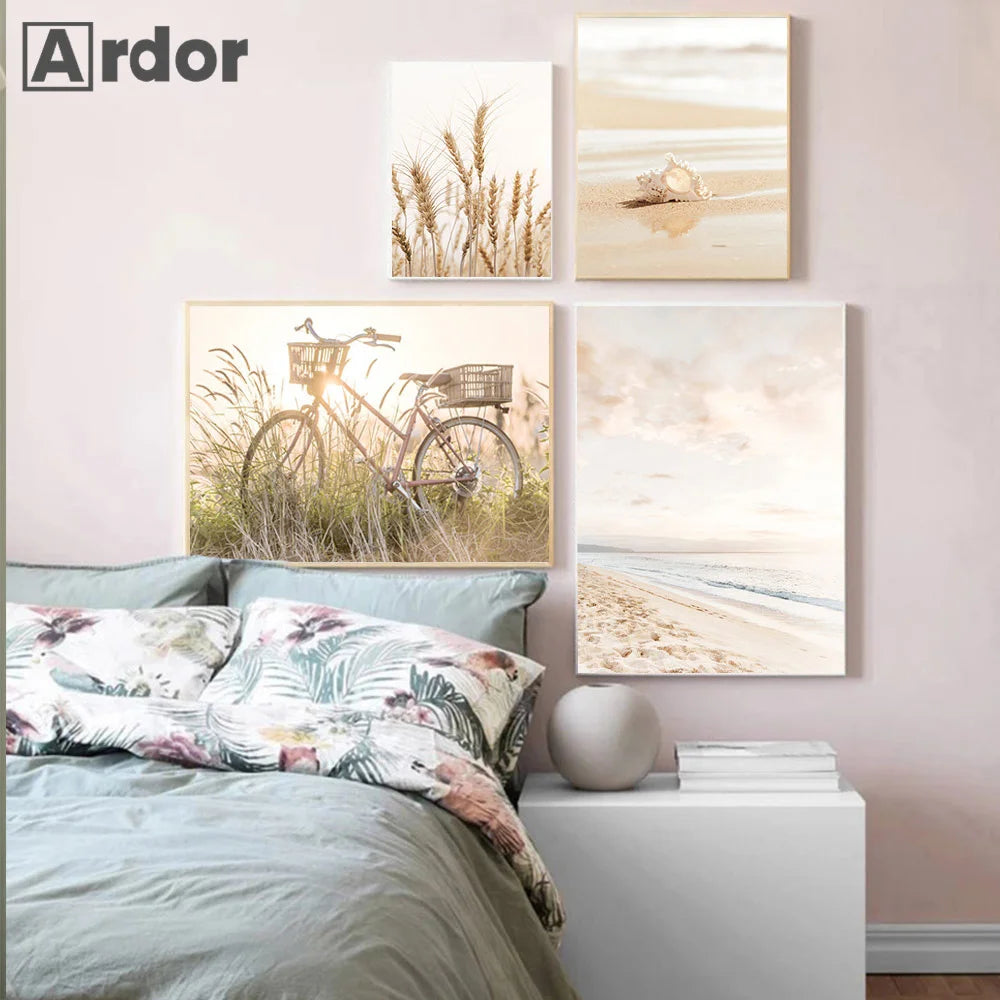 Boho Nordic Beige Beach Starfish Shells Reeds Bike Wall Art Canvas Painting Posters And Prints Pictures Living Room Home Decor
