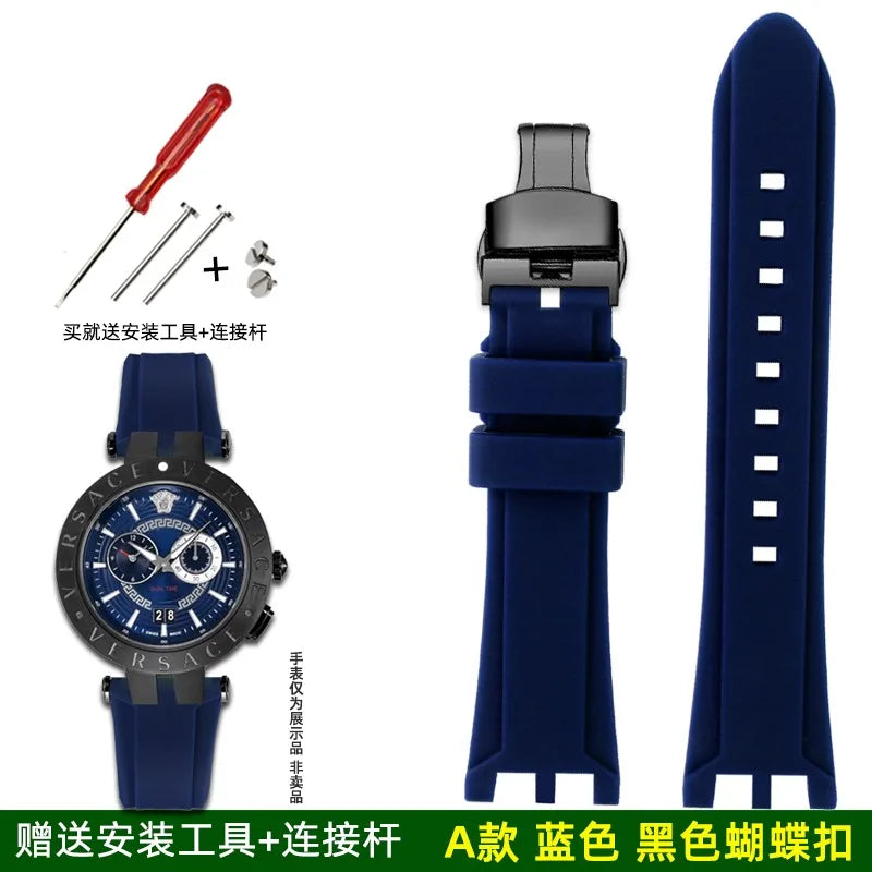 Rubber Watch Band For Versace V-RACE DUAL Series Strap Silicone Watch Accessories 24mm Waterproof Belt Notch Special Concave
