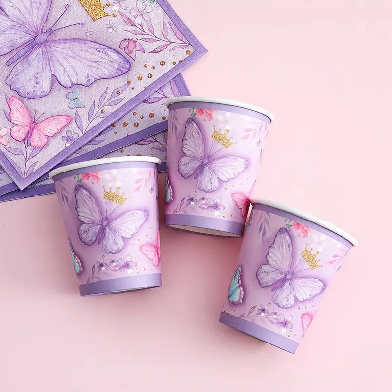 Purple Butterfly Party Decoration Disposable Paper Plates Napkins Cups Straw Tableware Set for Butterfly Birthday Party