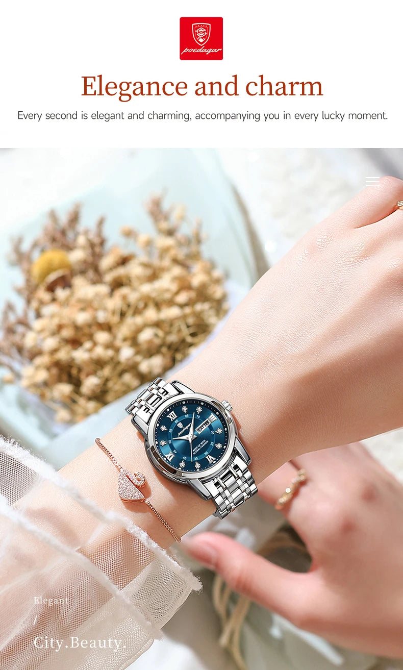 POEDAGAR Luxury Women Wristwatch Waterproof Luminous Date Week Women's Watches Stainless Steel Elegant Dress Quartz Ladies Watch