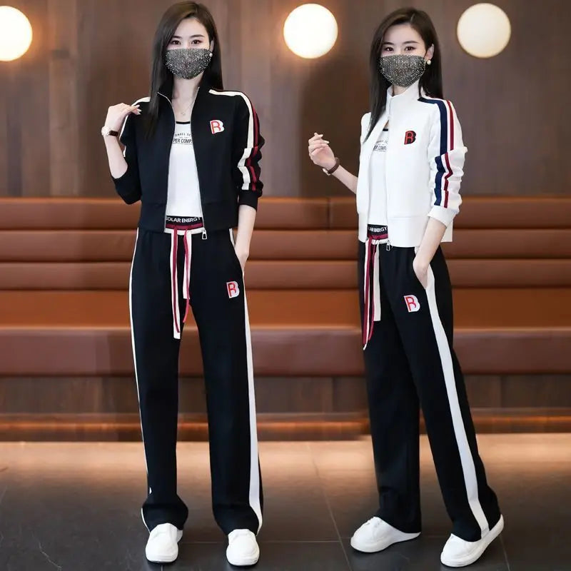 Fashionable Sportswear Two-Piece Set Ladies Wide Leg Pants Jacket Casual Spring Autumn Outfit Stylish Zipper Closure Long Sleeve