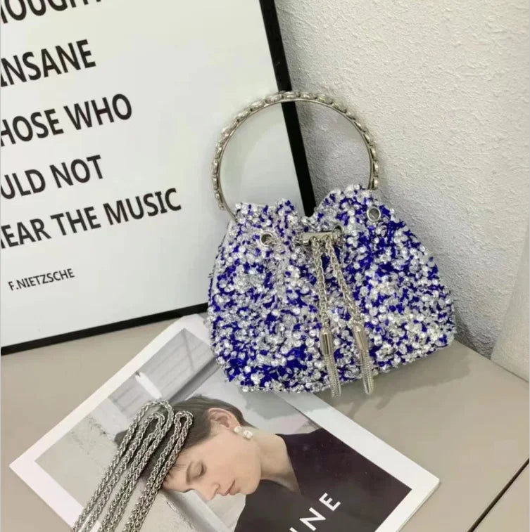 Luxury Designer Colorful Stones Evening Clutch Bag Wedding Party Bucket Purse Metal Handle Women Handbag Shoulder Messenger Bag