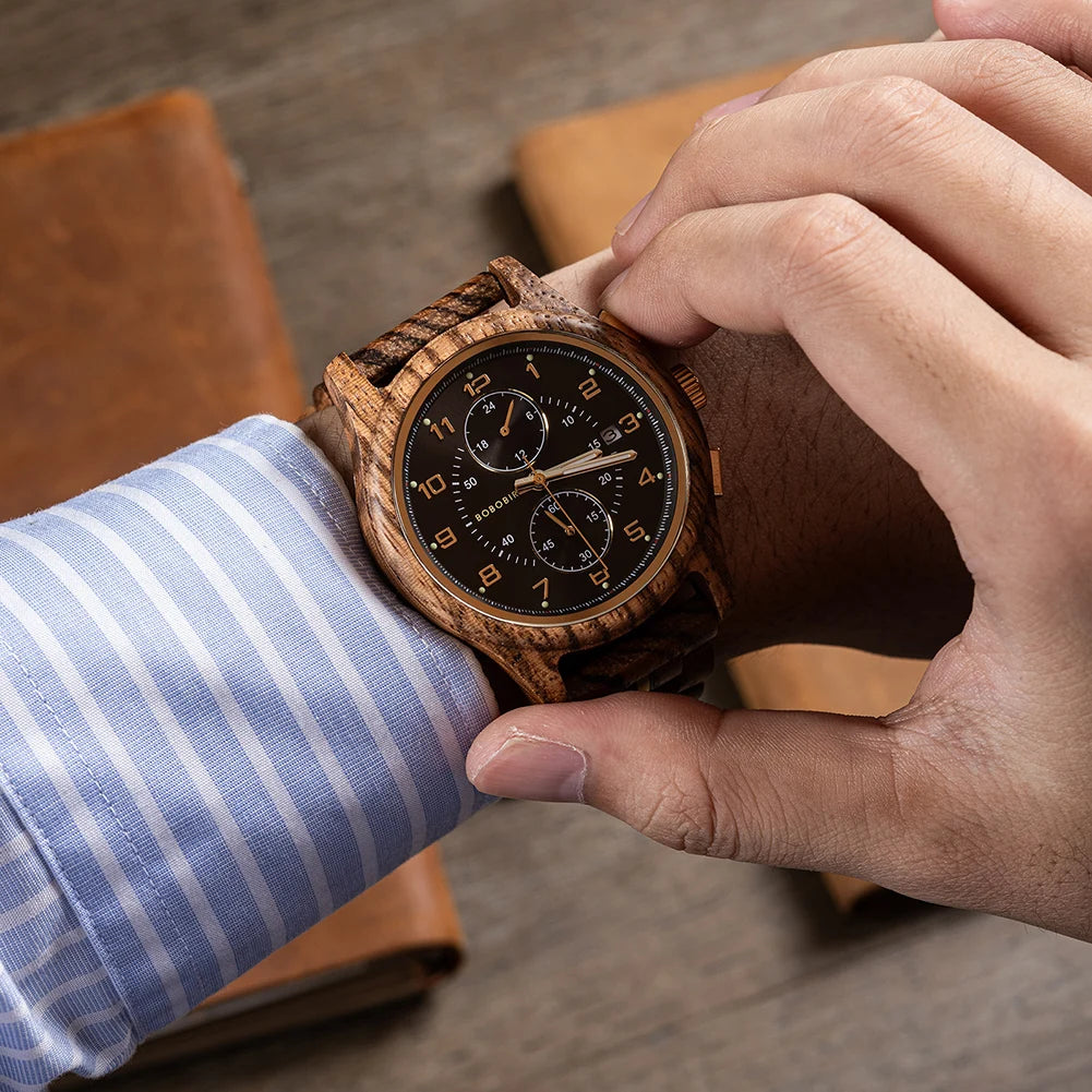 Wooden Watch for Men BOBO BIRD Chronograph Wristwatch with Luminous Hands Wood Watches Anniversary Gift for Him