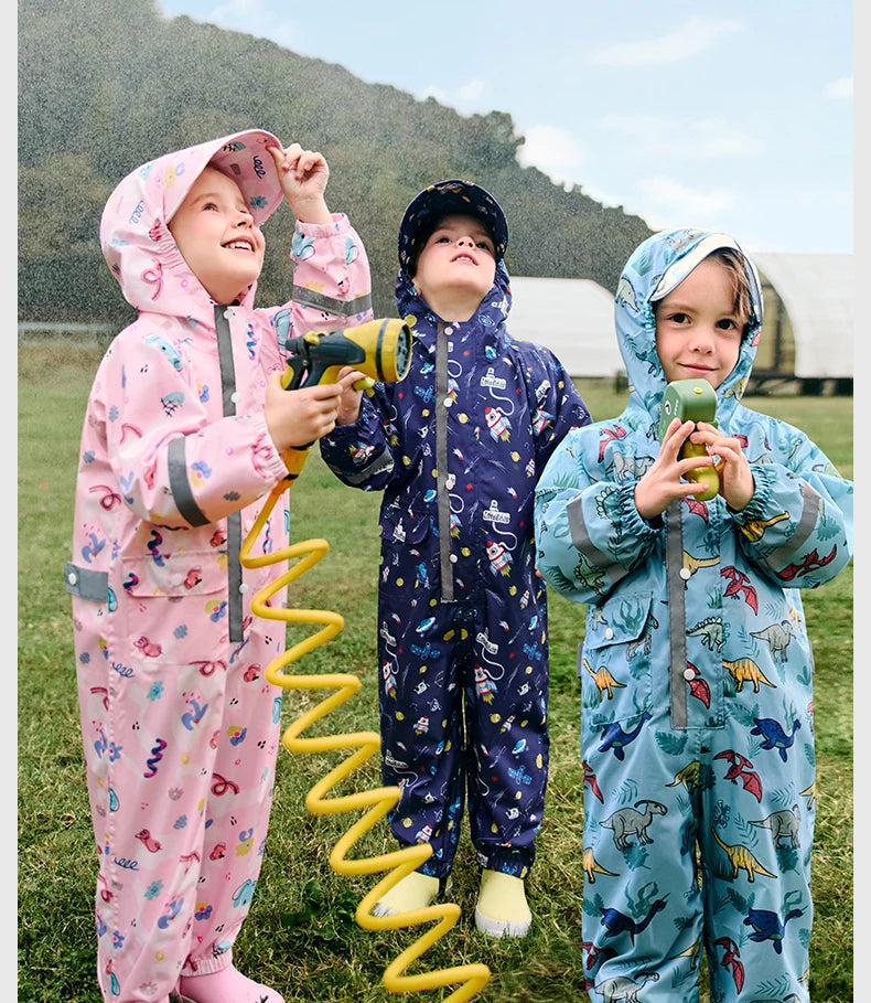 Camouflage Print Kids Raincoat With Visor Hood Reflective Strips Waterproof Toddler Cute Animal Outdoor Travel Coverall Raincoat