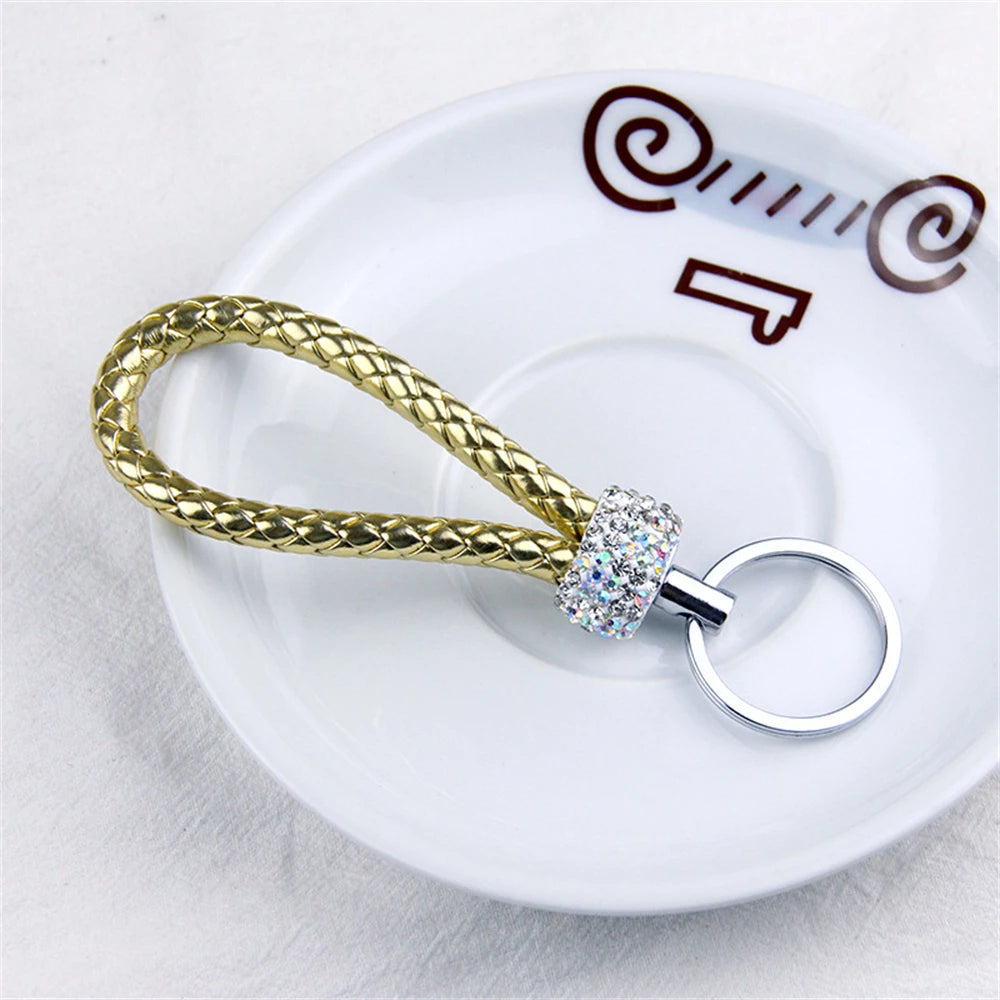 Creative Hand Woven Leather Car Keychain With Diamond Women Men Wallet Backpack Charm Bling Crystal Rope Keyring For Couple Gift