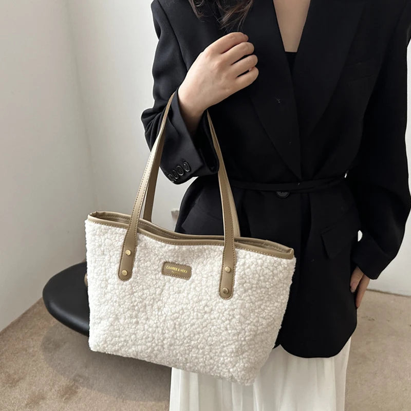 Soft Handbag Large Capacity Fall Winter Shoulder Bag Women Lamb Wool Tote Bag Zipper Closure Casual Shopping Traveling Tote