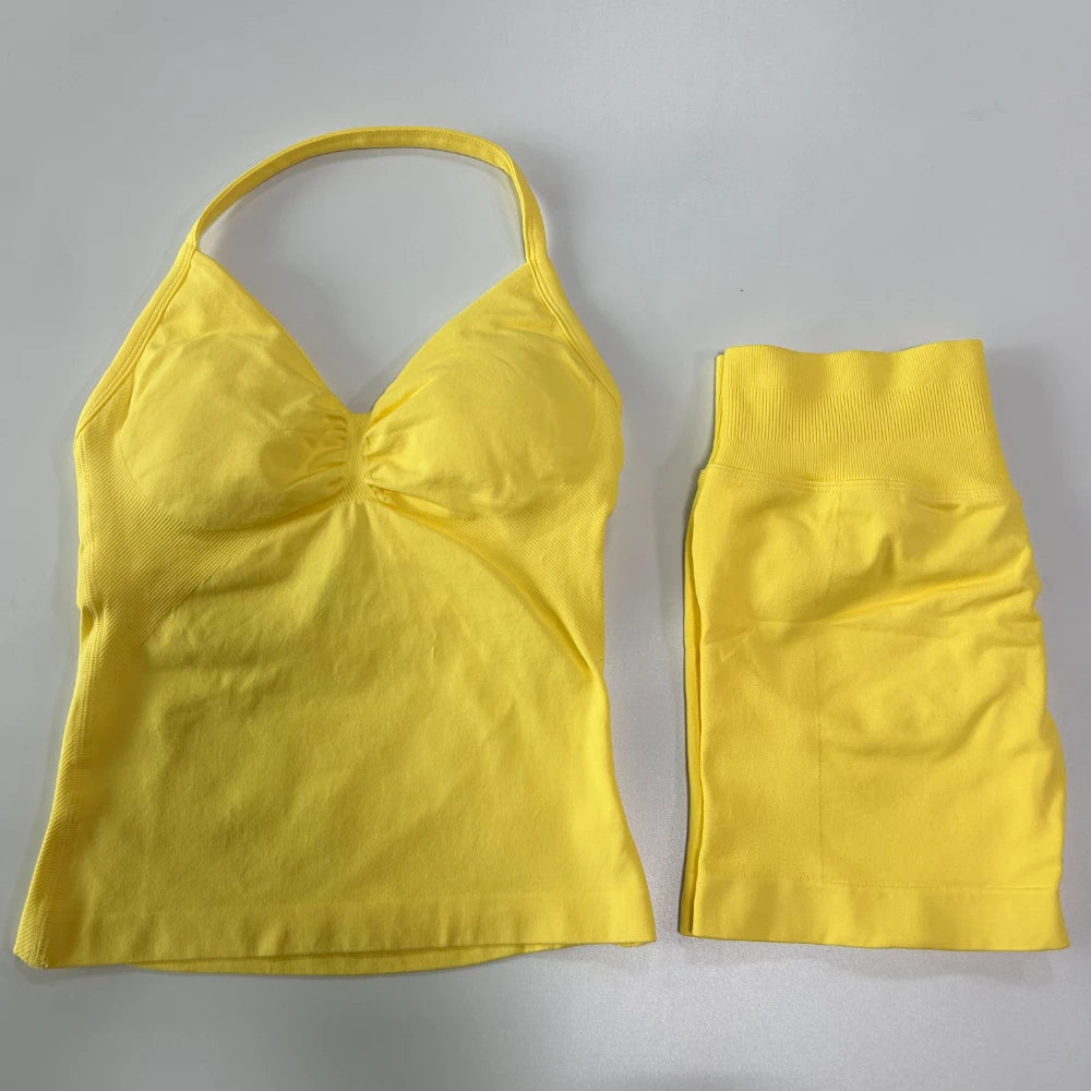2Pcs Gym Set Women Backless Tank Tops High Waist Scrunch Seamless Shorts