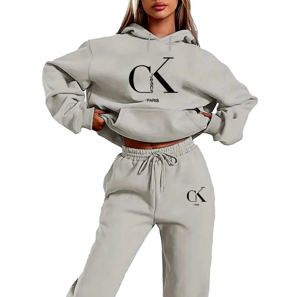 2026 Spring/Summer New Collection Hooded Sweatshirt and Pants Set - Black with White Logo Drawstring Hoodie and Athletic Pants