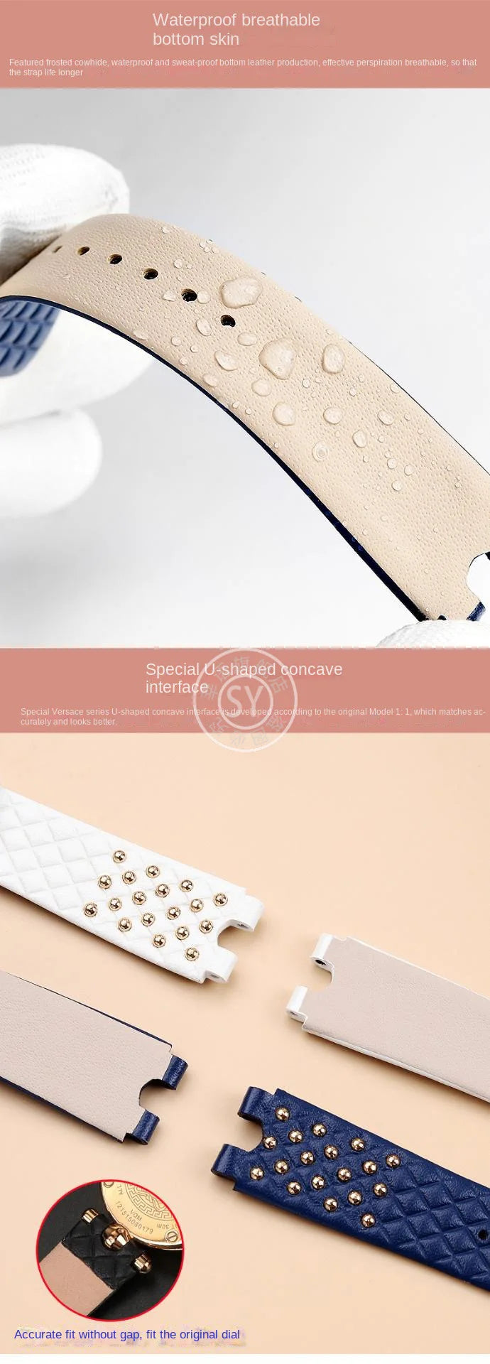 Shenyu Watchband with u-shaped interface For VERSACE Vanitas micro Leather strap Replace watch bracelet female Watch Accessories