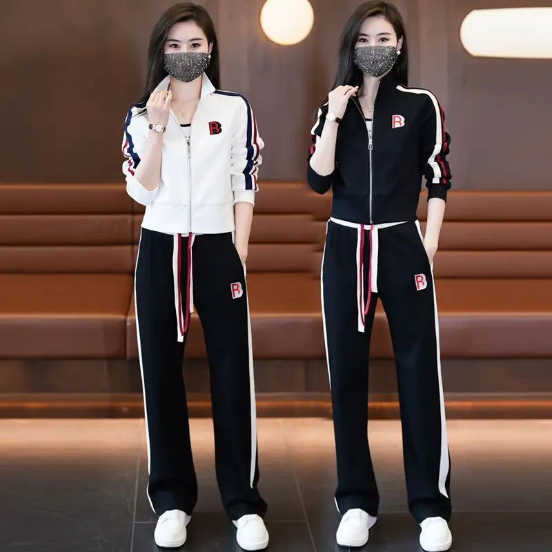 Fashionable Sportswear Two-Piece Set Ladies Wide Leg Pants Jacket Casual Spring Autumn Outfit Stylish Zipper Closure Long Sleeve