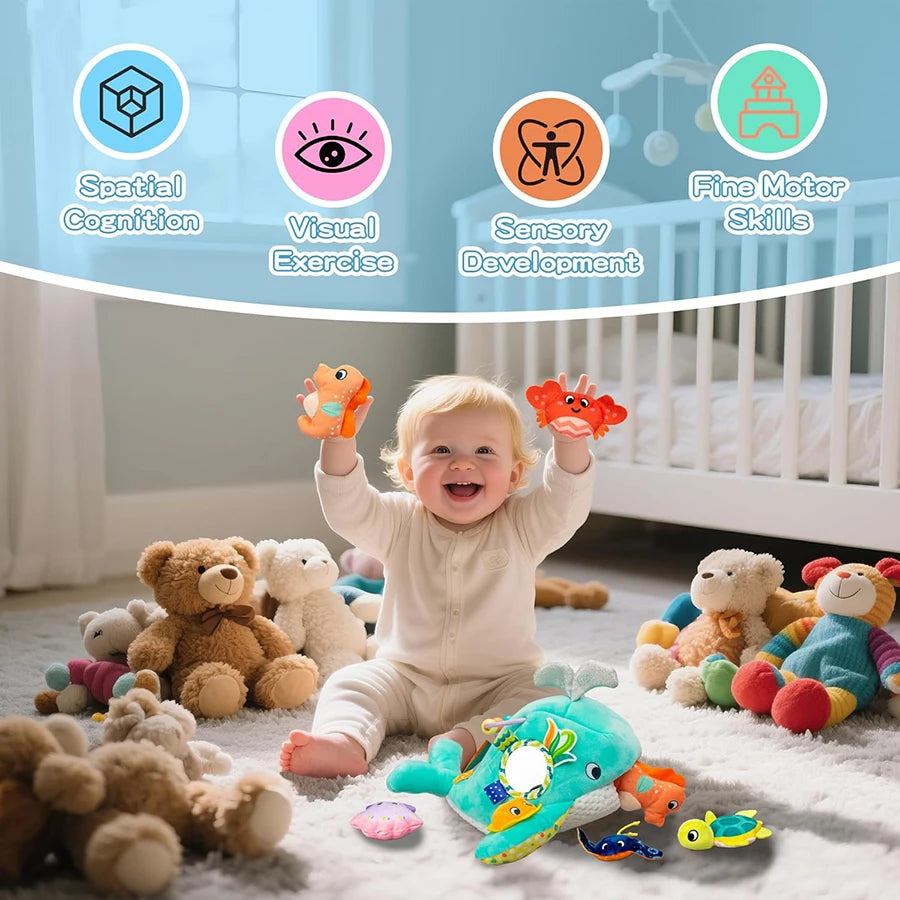 Baby Toys 6-12 Months Soft Baby Beehive with 5 Sensory Bee Rattle Mirror Crinkle Squeaker Busy Montessori Soft Toy for Toddlers