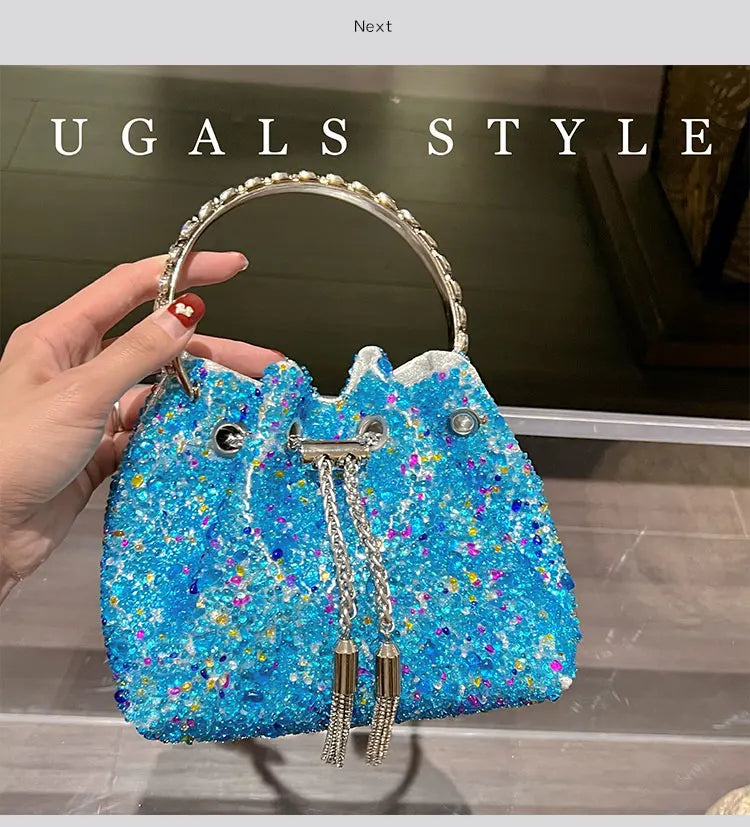 Luxury Designer Colorful Stones Evening Clutch Bag Wedding Party Bucket Purse Metal Handle Women Handbag Shoulder Messenger Bag