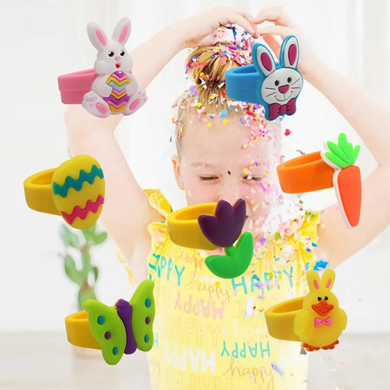 6/12PCS Cartoon Bunny Easter Egg Rings Kids Toys Ring Easter Party Gifts Supply Kids Easter Decoration Gifts Goodie Bag Fillers