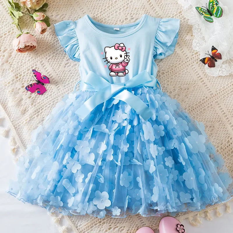 Hello Kitty Girls Summer Dress Cartoon Bow Tutu Dress 3D Butterfly Cute Cotton Party Casual Dress for Baby 2-6 Years