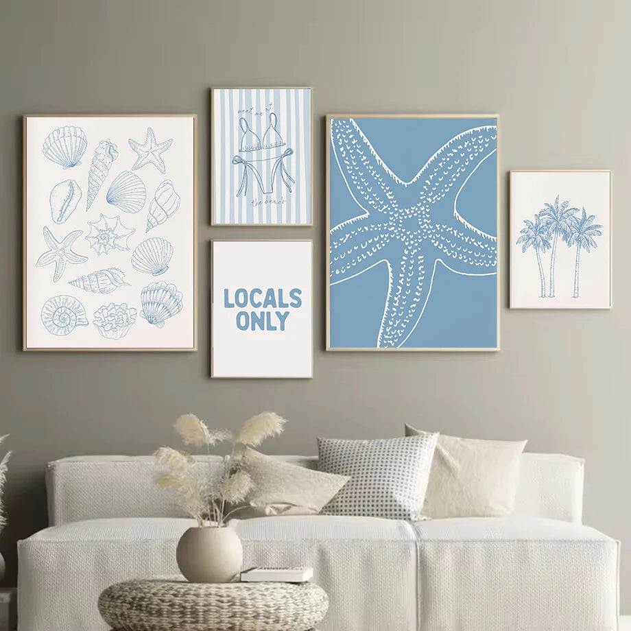 Retro Trendy Abstract Beach Coastal Blue Seashell Palm Tree Bikini Poster Canvas Painting Wall Art Pictures Home Bathroom Decor