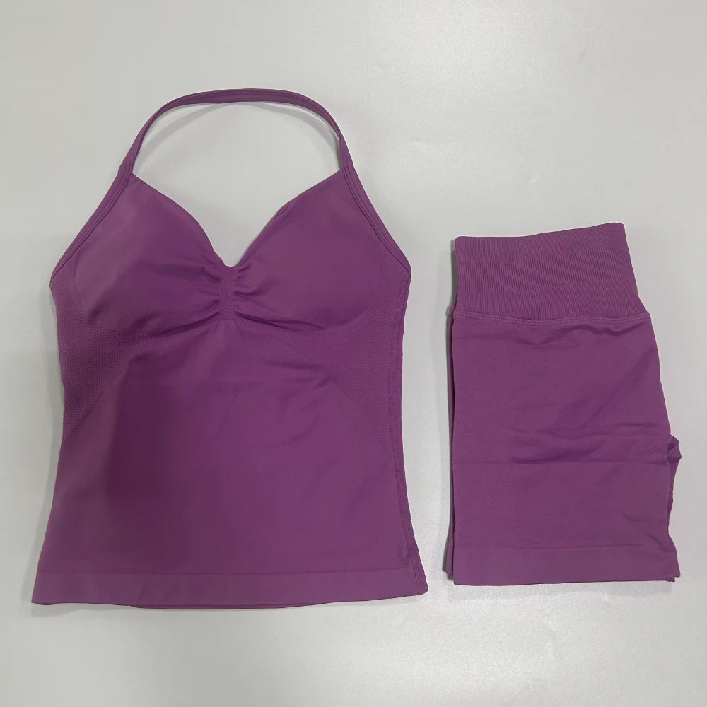 2Pcs Gym Set Women Backless Tank Tops High Waist Scrunch Seamless Shorts