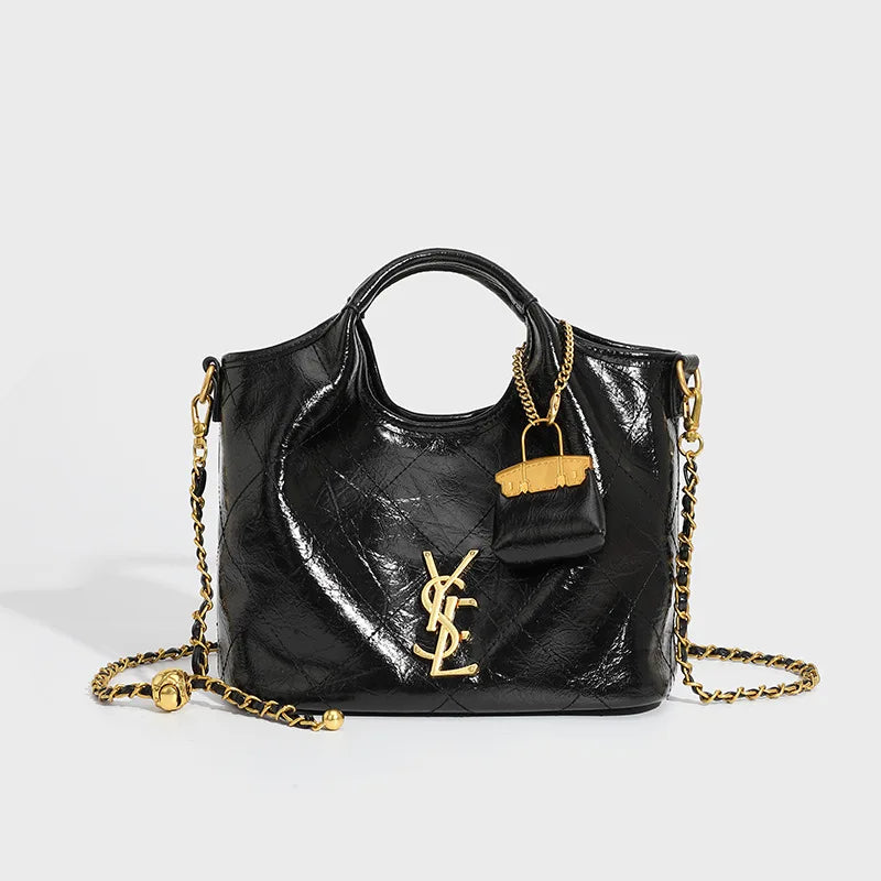Premium handbag with diamond grid embroidery thread, large capacity vegetable basket bag, chain bar crossbody bag