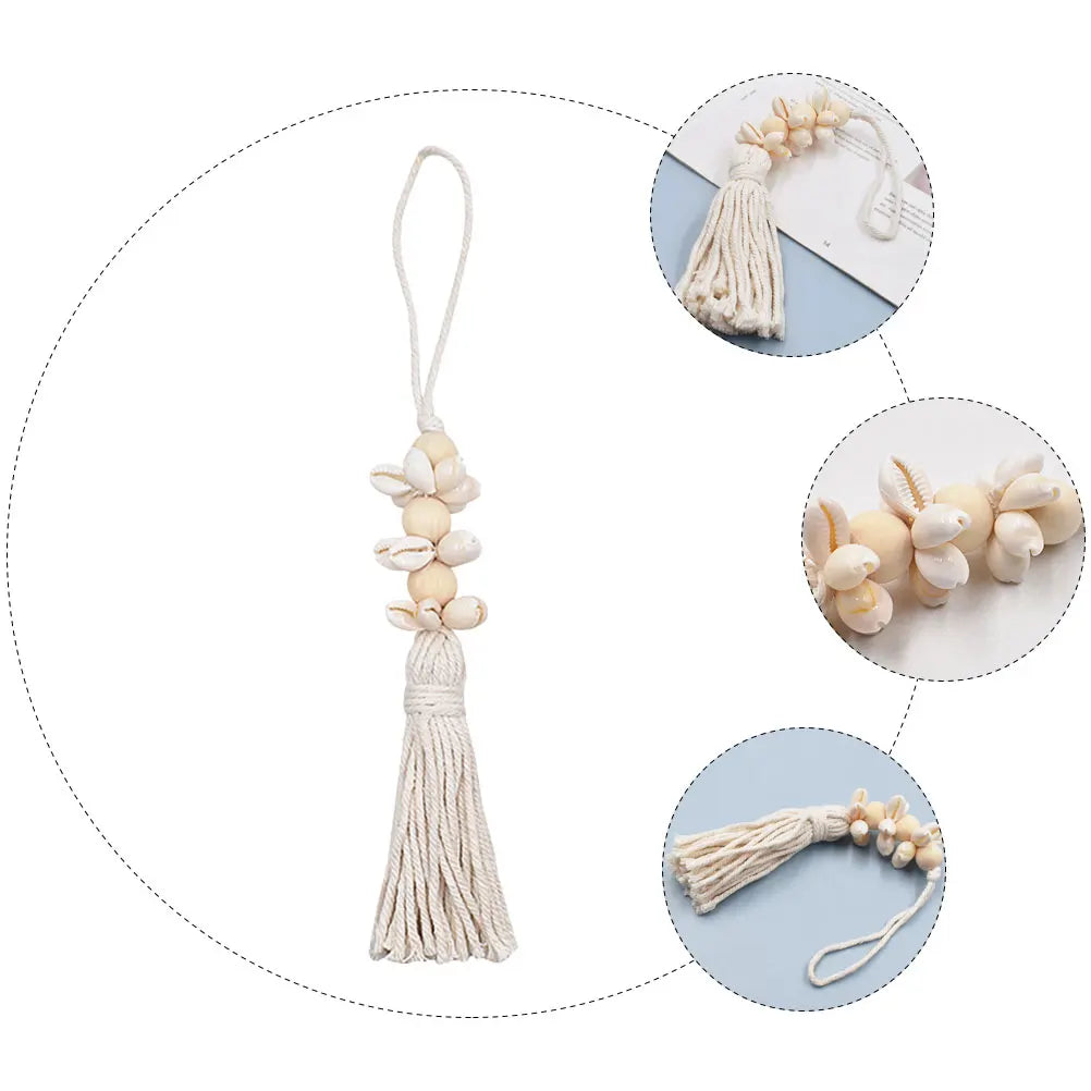 2Pcs Exquisite Boho Seashell Wood Bead String Pendant with Seashells Cotton Tassels Farmhouse Wall Hanging Decor Gifts