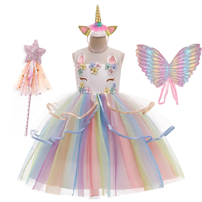 Summer Dress Girl Unicorn Cosplay Costume Children's Day Mesh Rainbow Tulle Princess Dress for Birthday Gift Kids Fashion Dress