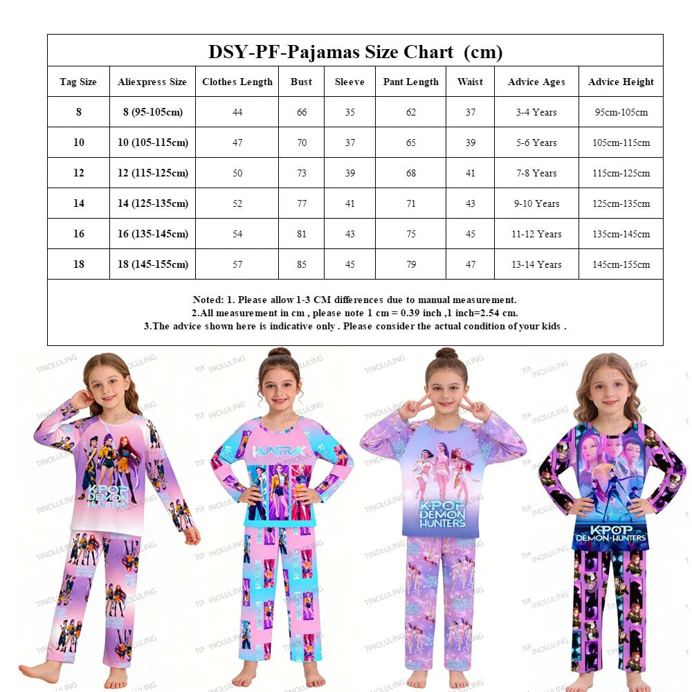 KPop Demon Hunters Huntrix Kids Pajamas Set Long Sleeve Girls Clothing 2pcs Children's Sleepwear Cartoon Boys Nightwear 3-14Y