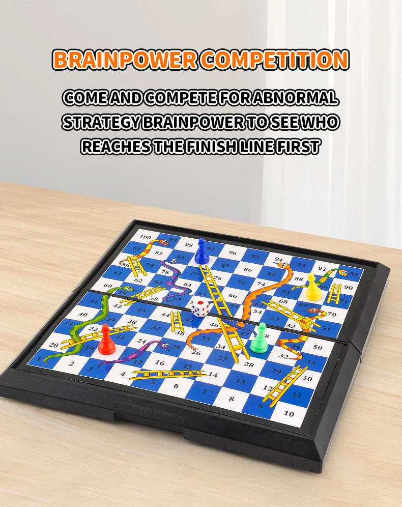 International Snakes and Ladders Parent-Child Board Game Toy - Magnetic-Free Foldable Board with Storage for Game Pieces