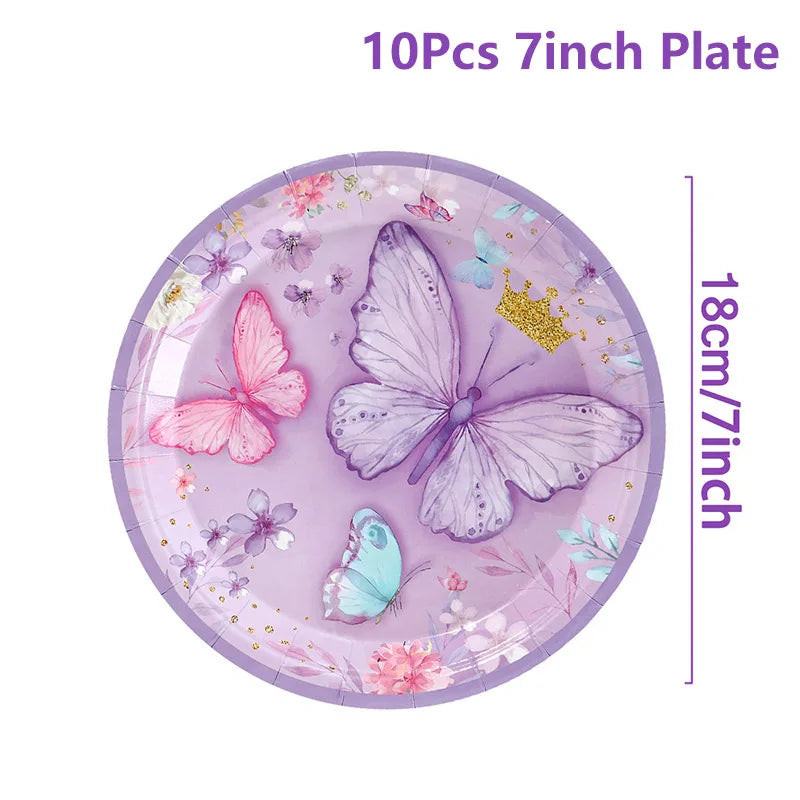 Purple Butterfly Party Decoration Disposable Paper Plates Napkins Cups Straw Tableware Set for Butterfly Birthday Party
