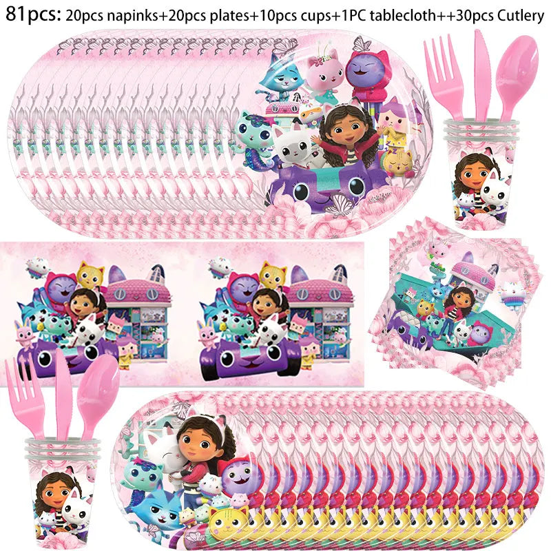 Disney Gabby Dollhouse Birthday Party Decoration Balloon Napkins Children's Disposable Tableware Theme Party Supplies Kids Gifts