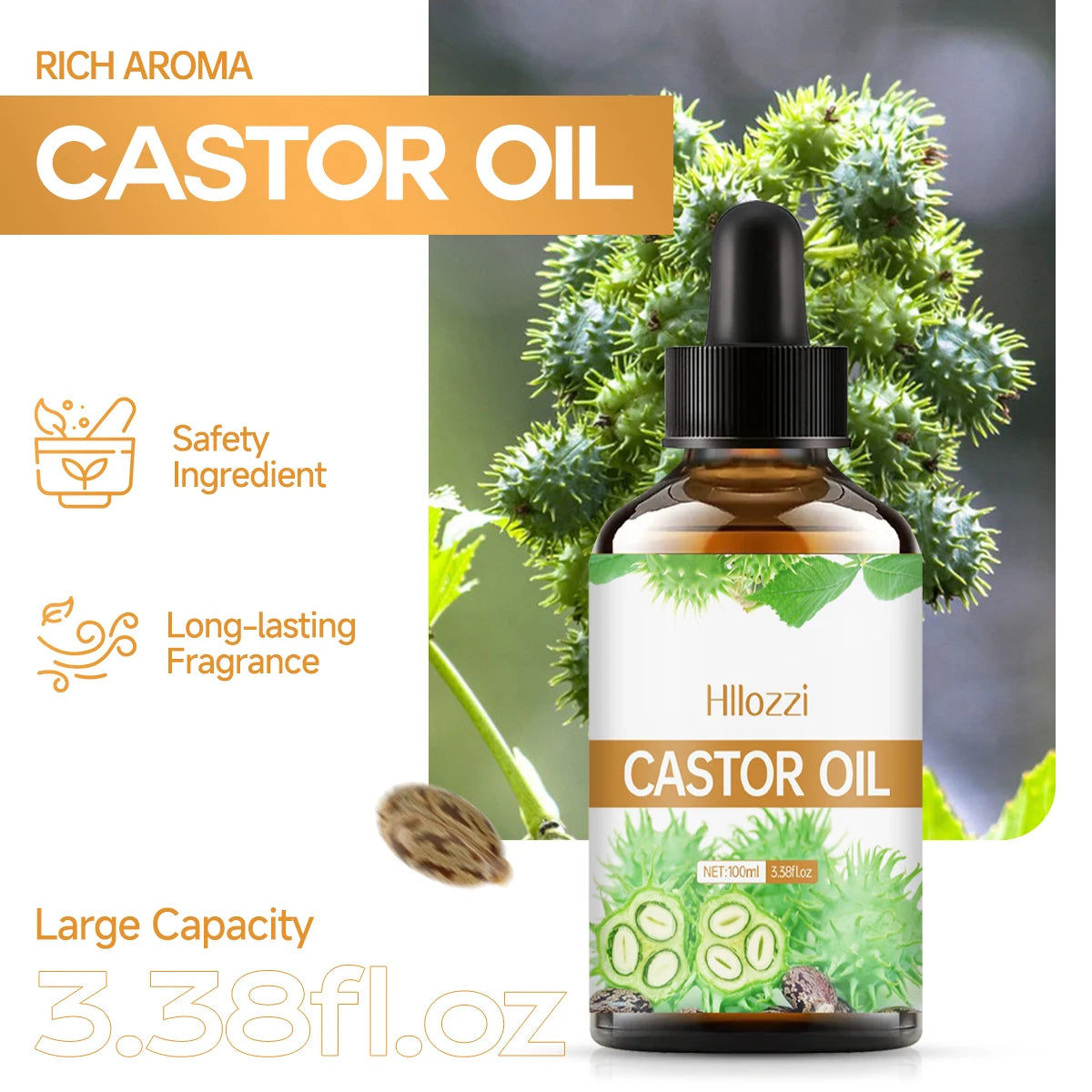 Castor essential oil, for dry hair, eyelashes and eyebrows, oil cold pressed unrefined, essential oil for skin and nail care