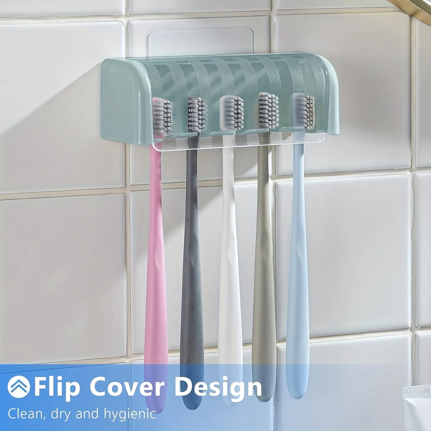 A covered 5-slot toothbrush holder, self-adhesive wall toothbrush storage rack, plastic bathroom supplies