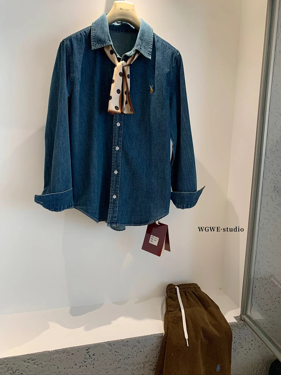 Retro Washed Denim Shirt with  Logo Classic Preppy Style Long Sleeve Women's Casual Fashion Autumn Season Button Closure