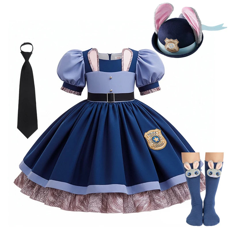 Girl Cosplay Disney Judy Hopps Police Officer Dress Zootopia Bunny Costume Kids Dress Up Halloween Rabbit Dress Outfits