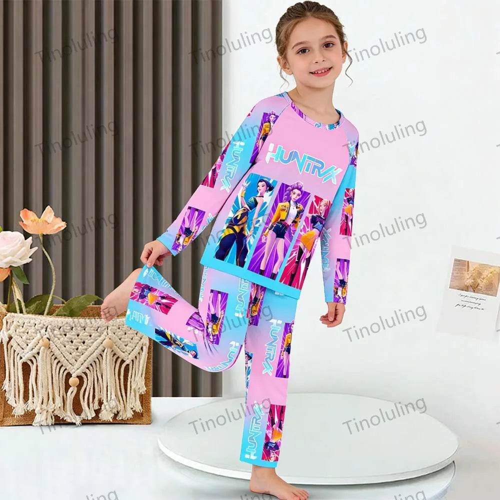 KPop Demon Hunters Huntrix Kids Pajamas Set Long Sleeve Girls Clothing 2pcs Children's Sleepwear Cartoon Boys Nightwear 3-14Y