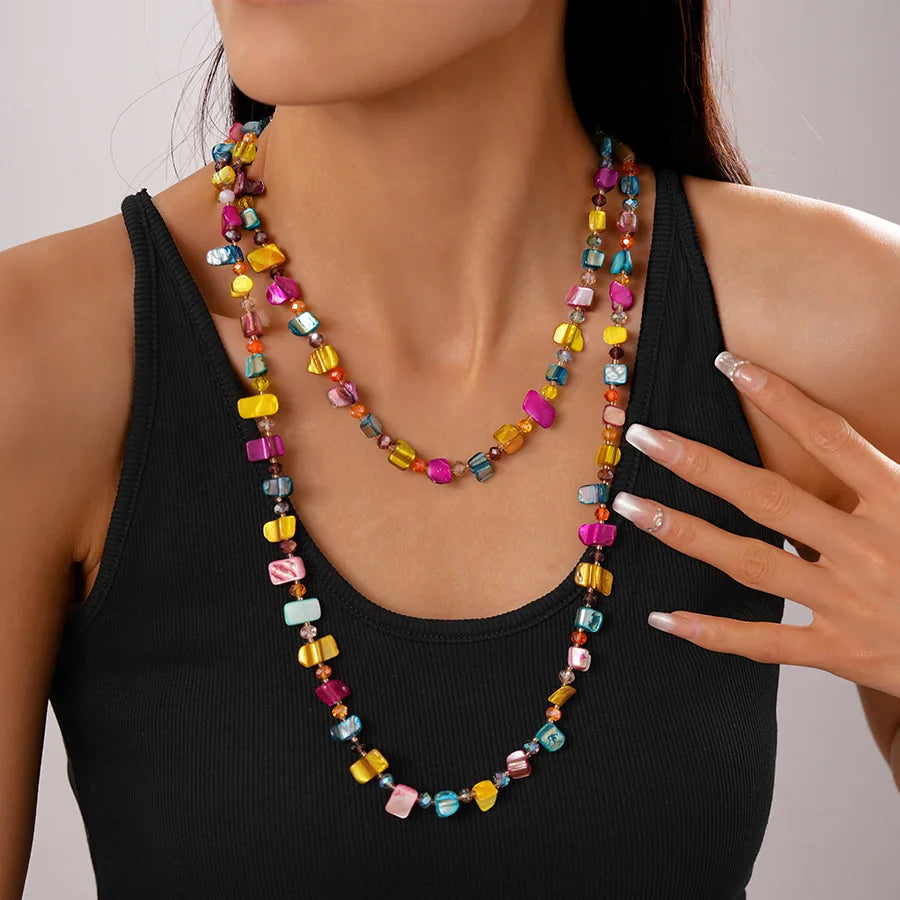 Boho Double-layer Shell Long Necklace for Women Vintage Irregular Beads Necklace Female Summer Vacation Jewelry Holiday Gifts