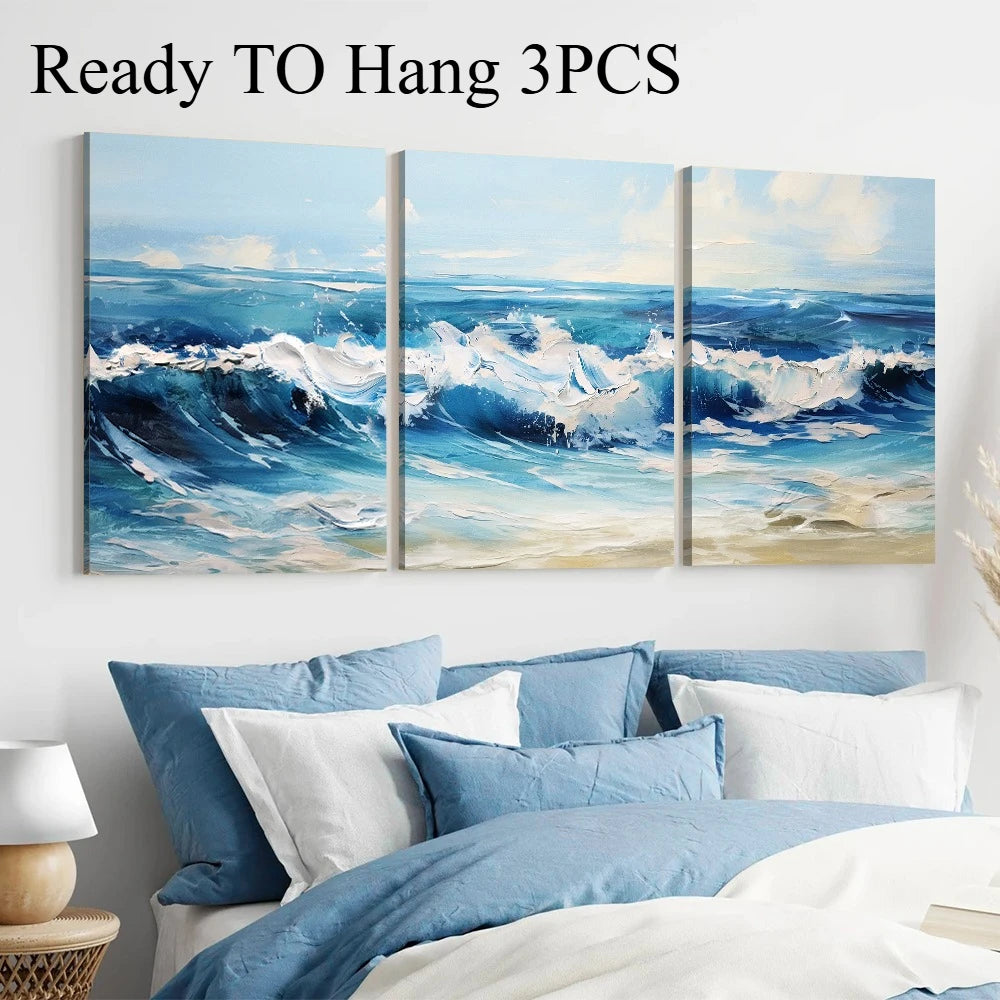 Scandinavian Blue Ocean Art Wall Simple Abstract Ocean Waves Landscape With Frame Canvas Painting Print Home  Aesthetic Decor