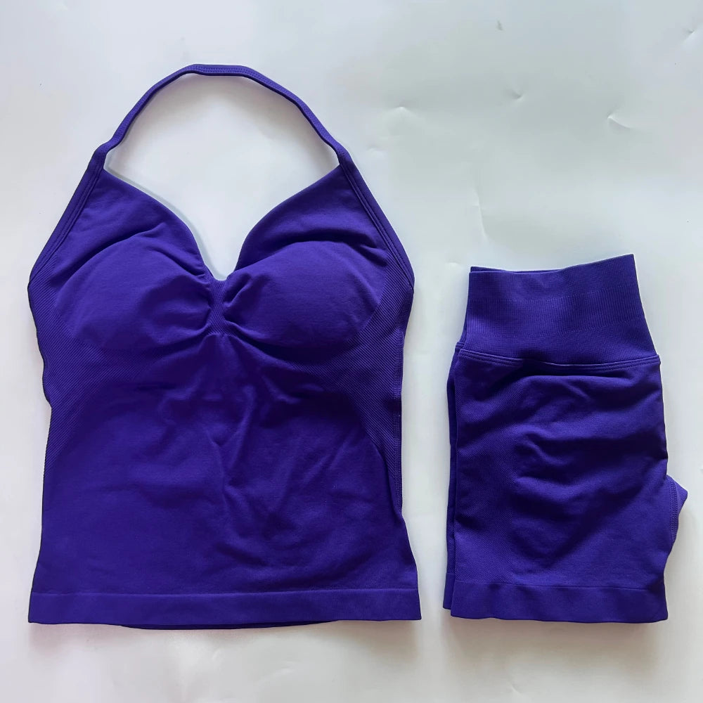 2Pcs Gym Set Women Backless Tank Tops High Waist Scrunch Seamless Shorts