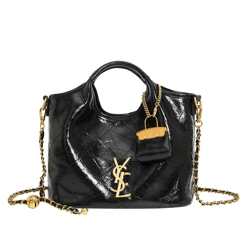 Premium handbag with diamond grid embroidery thread, large capacity vegetable basket bag, chain bar crossbody bag