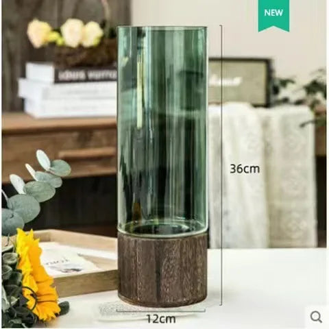 Vases Simple European Hydroponic Plant Household Living Room Table  Inserted Flower Wood Base Transparent Glass Vase Home Decor