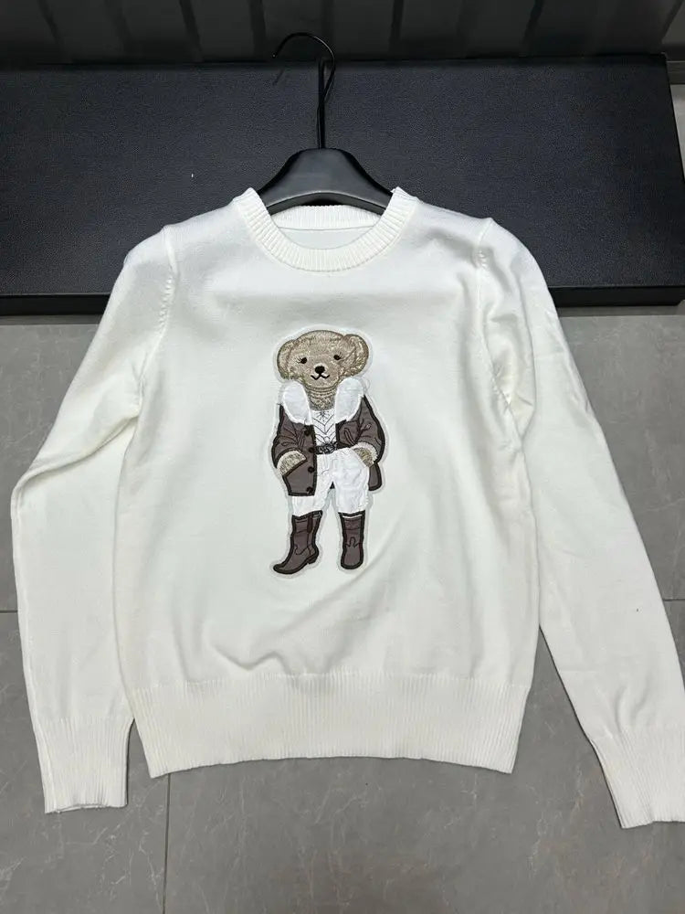 European Style Luxury Brand Loose O-Neck Bear Pullover Tops Knitwear Woman Short Sleeve T-shirt Ladies Wool Knitted Sweater